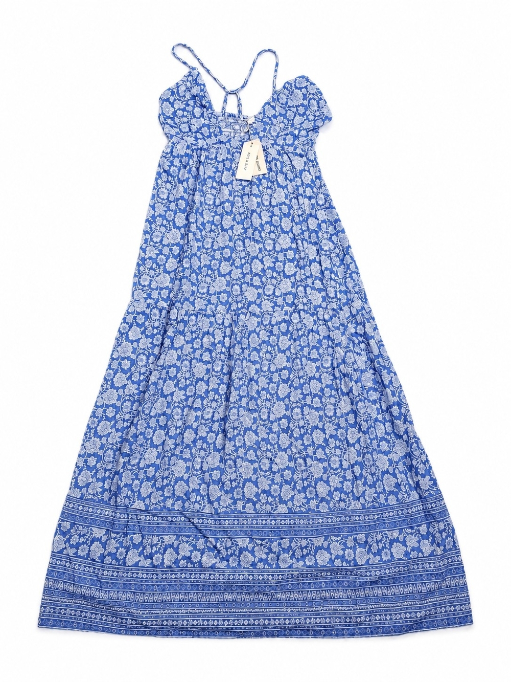 Sim & Sam Blue Border Print Linen Blue Floral Maxi Dress with Spaghetti Straps